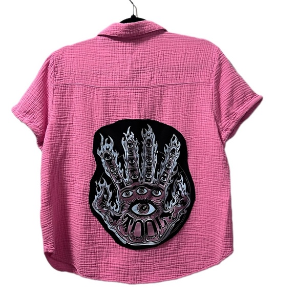 Tool button up blouse pink up cycle handmade large - Picture 1 of 6